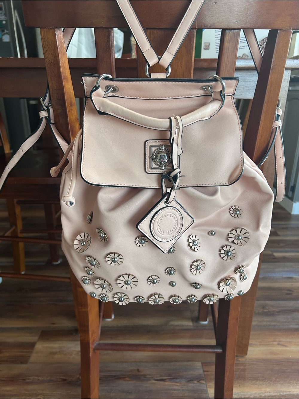 Catherine Malandrino Blush Pink Studded Drawstring Backpack